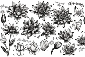 A bouquet of Marigold flower, Cosmos flower, Larkspur flower, and Water Lily flower tattoo idea