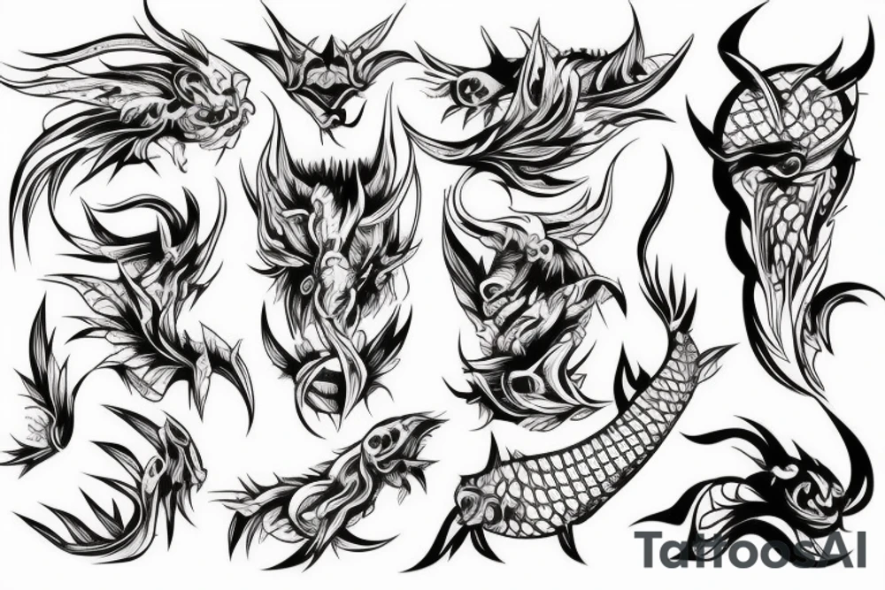 demon, carp, and minimal background. The size is not big. Thick and thin lines should be combined. tattoo idea
