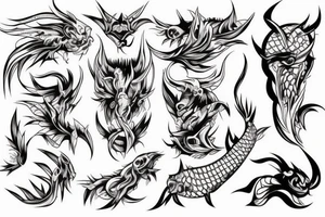 demon, carp, and minimal background. The size is not big. Thick and thin lines should be combined. tattoo idea