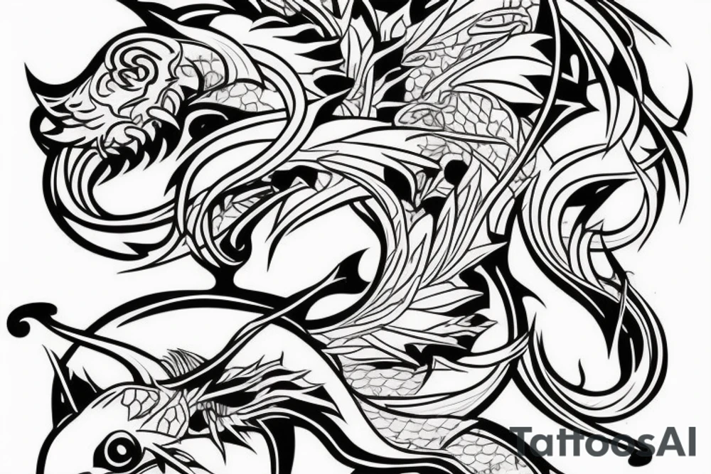 demon, carp, and minimal background. The size is not big. Thick and thin lines should be combined. tattoo idea