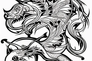 demon, carp, and minimal background. The size is not big. Thick and thin lines should be combined. tattoo idea