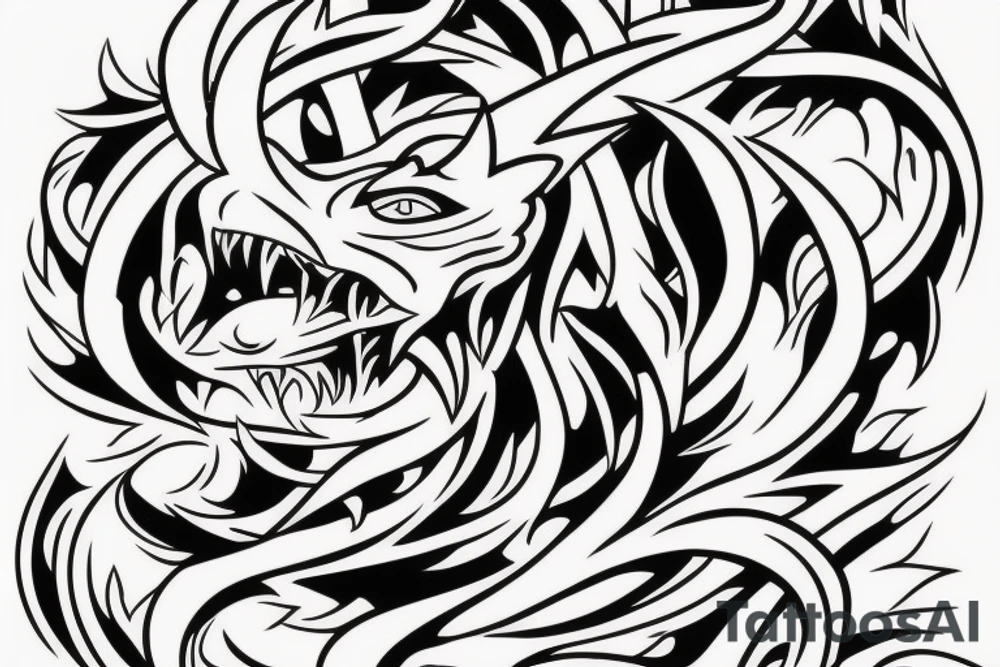 demon, carp, and minimal background. The size is not big. Thick and thin lines should be combined. tattoo idea