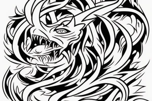 demon, carp, and minimal background. The size is not big. Thick and thin lines should be combined. tattoo idea