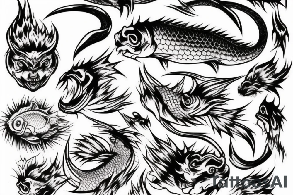 demon, carp, and minimal background. The size is not big. Thick and thin lines should be combined. tattoo idea
