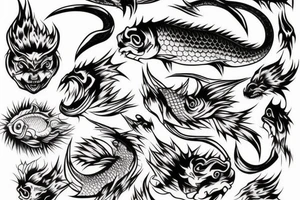 demon, carp, and minimal background. The size is not big. Thick and thin lines should be combined. tattoo idea