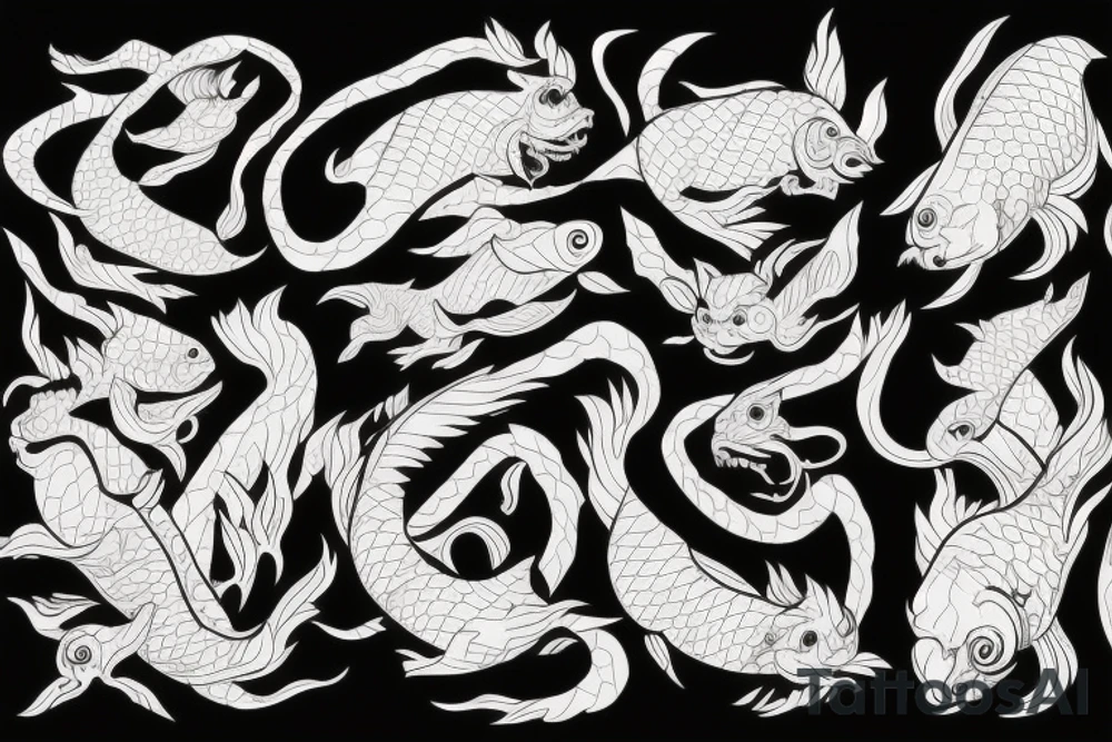 demon, carp, and minimal background. The size is not big. Thick and thin lines should be combined. tattoo idea