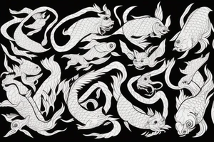 demon, carp, and minimal background. The size is not big. Thick and thin lines should be combined. tattoo idea