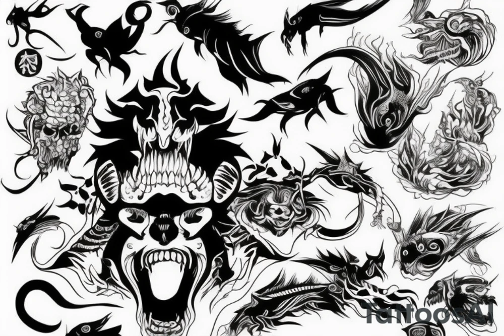 demon, carp, and minimal background. The size is not big. Thick and thin lines should be combined. tattoo idea