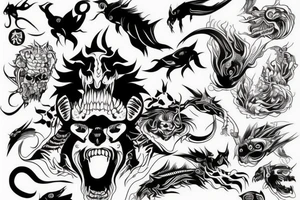 demon, carp, and minimal background. The size is not big. Thick and thin lines should be combined. tattoo idea