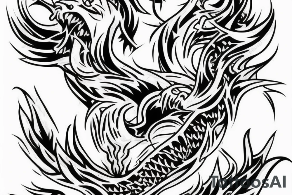 demon, carp, minimal background. The size is not big. Thick and thin lines should be combined. tattoo idea