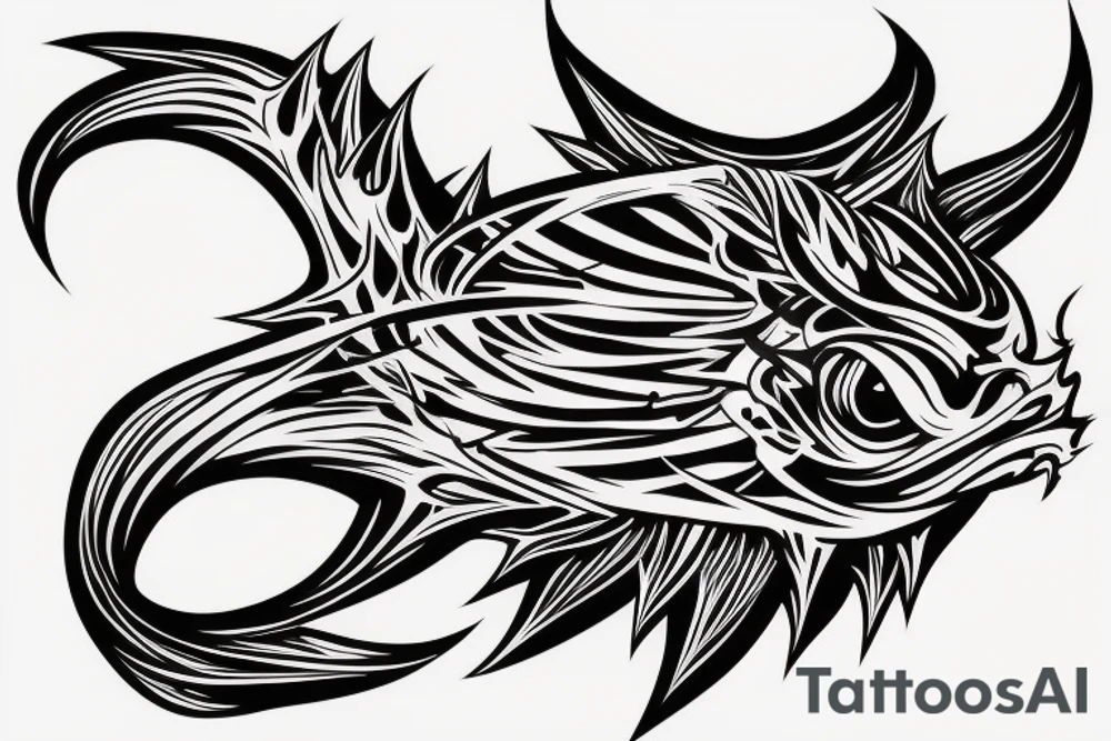 demon, carp, minimal background. The size is not big. Thick and thin lines should be combined. tattoo idea