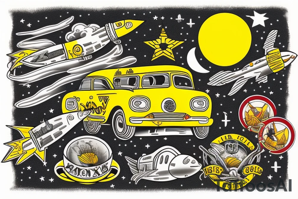 A yellow taxi with rockets flying from the shore to the moon, american traditional tattoo style tattoo idea