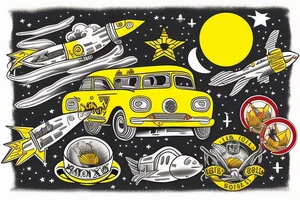 A yellow taxi with rockets flying from the shore to the moon, american traditional tattoo style tattoo idea