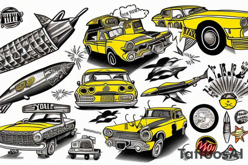 A yellow taxi with rockets flying from the shore to the moon, american traditional tattoo style tattoo idea