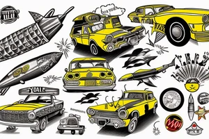 A yellow taxi with rockets flying from the shore to the moon, american traditional tattoo style tattoo idea