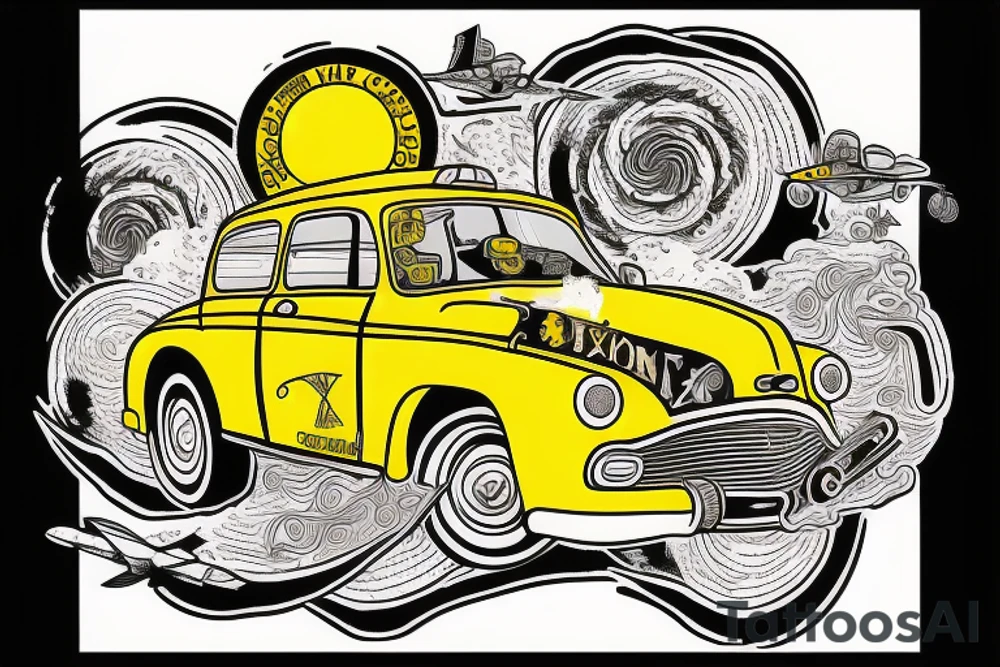 A yellow taxi flying from the shore to the moon tattoo idea