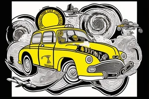 A yellow taxi flying from the shore to the moon tattoo idea