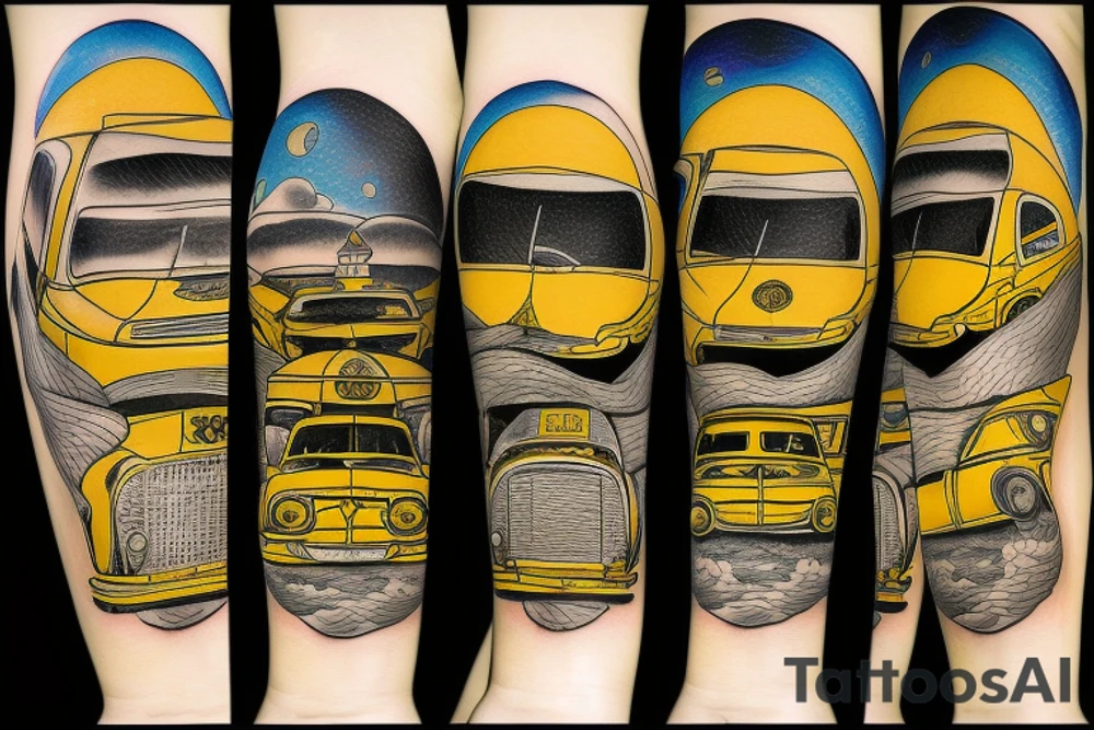 A yellow taxi flying from the shore to the moon tattoo idea