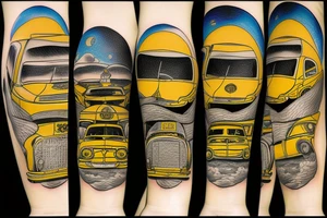 A yellow taxi flying from the shore to the moon tattoo idea