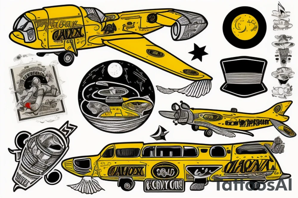 A yellow cab flying to the moon tattoo idea