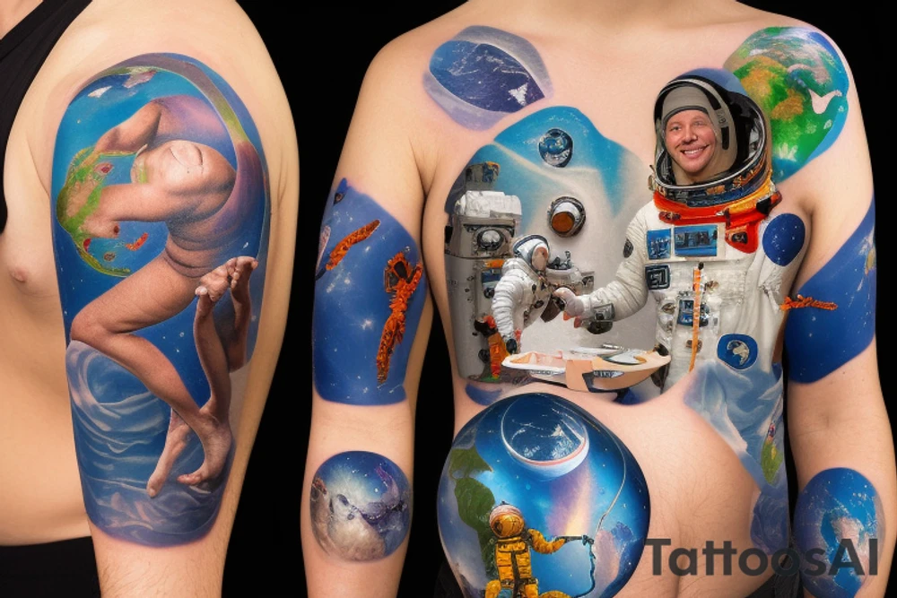 An astronaut who has an umbilical cord connected to planet earth, and who, at the same time, is stretching out his hand like Adam in the Sistine Chapel, and whose hand is slightly submerged by the explosion of a supernova tattoo idea