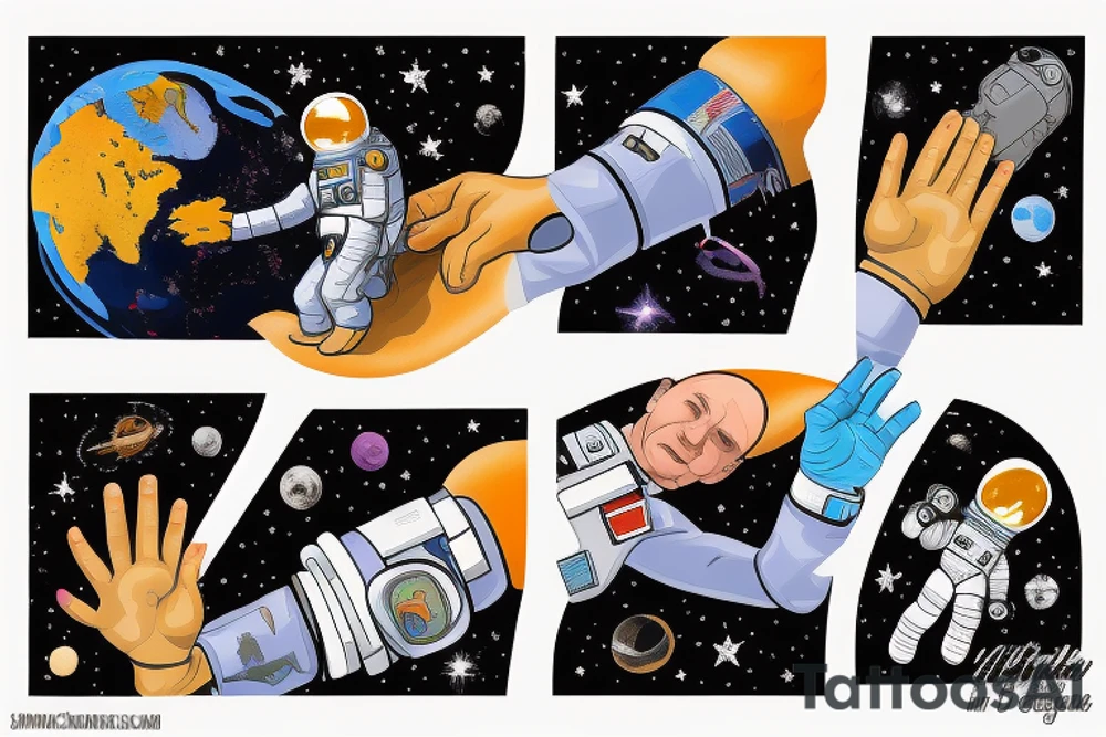 An astronaut who has an umbilical cord connected to planet earth, and who, at the same time, is stretching out his hand like Adam in the Sistine Chapel, and whose hand is slightly submerged by the explosion of a supernova tattoo idea