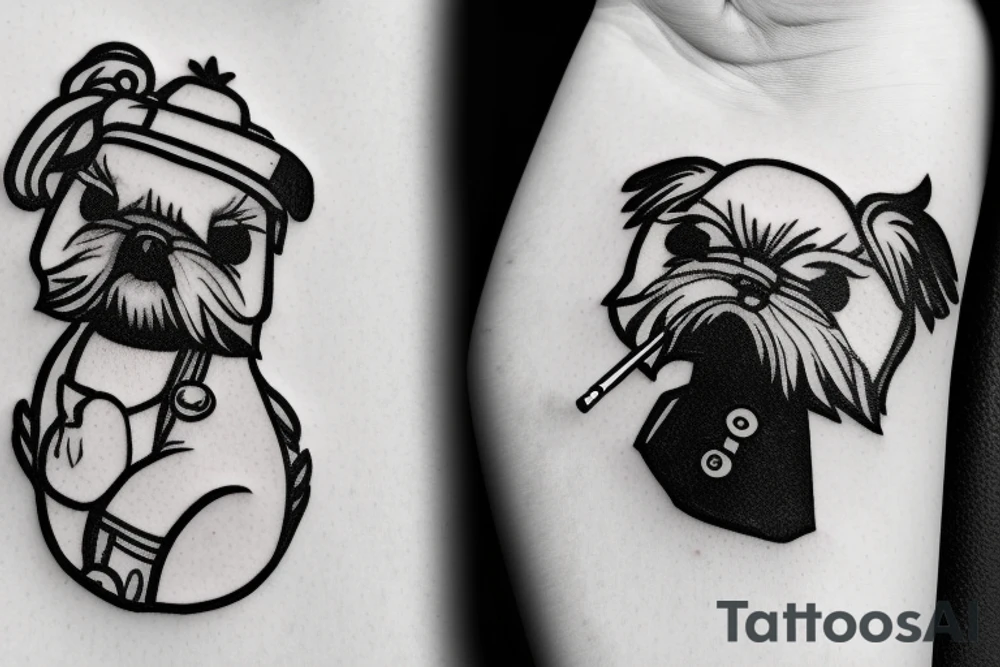White pekingese holding a cigarette in Animal Crossing style tattoo idea