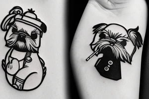 White pekingese holding a cigarette in Animal Crossing style tattoo idea