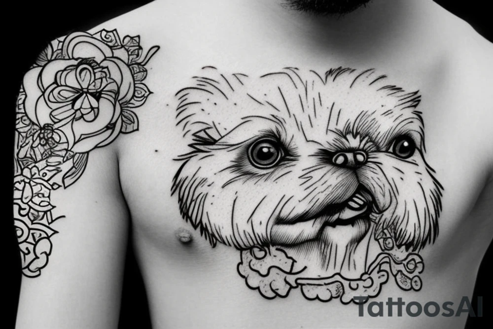 White pekingese holding a cigarette in Animal Crossing style tattoo idea