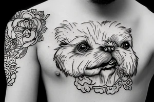 White pekingese holding a cigarette in Animal Crossing style tattoo idea