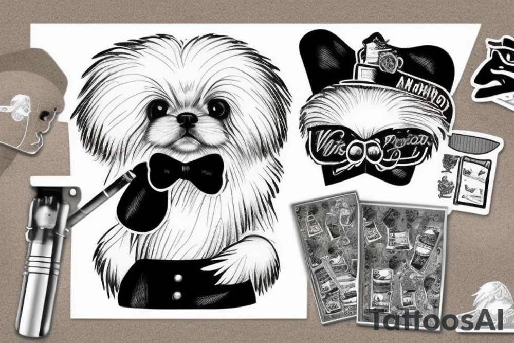 anthropomorphism white pekingese smoking a cigarette tattoo idea