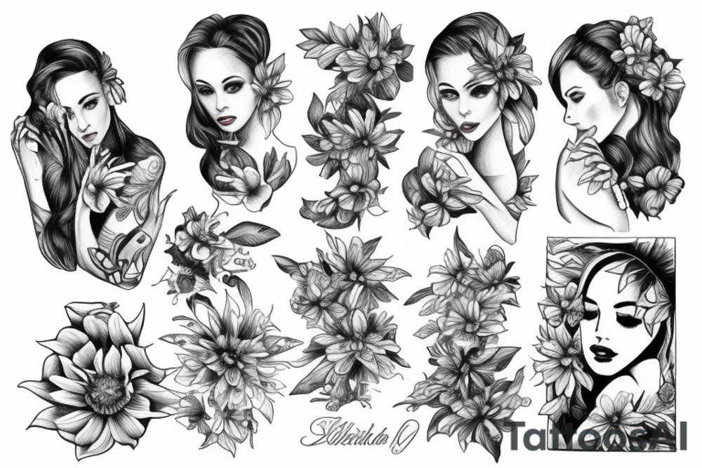 Woman by the water with sun shinning and she’s holding some flowers tattoo idea