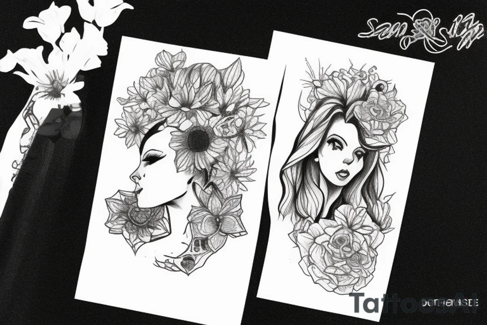 Woman by the water with sun shinning and she’s holding some flowers tattoo idea