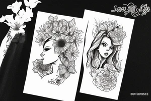 Woman by the water with sun shinning and she’s holding some flowers tattoo idea