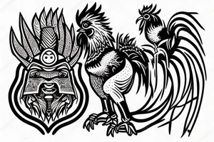 A tribal warrior with a fierce dog and a rooster. tattoo idea