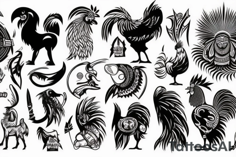 A tribal warrior with a fierce dog and a rooster. tattoo idea