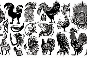 A tribal warrior with a fierce dog and a rooster. tattoo idea