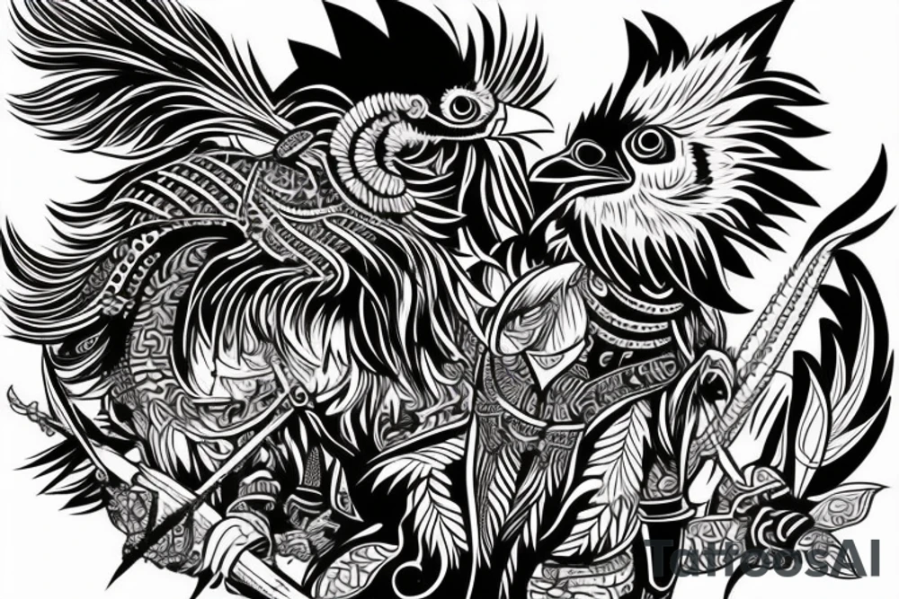 A tribal warrior with a fierce dog and a rooster. tattoo idea