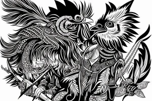A tribal warrior with a fierce dog and a rooster. tattoo idea