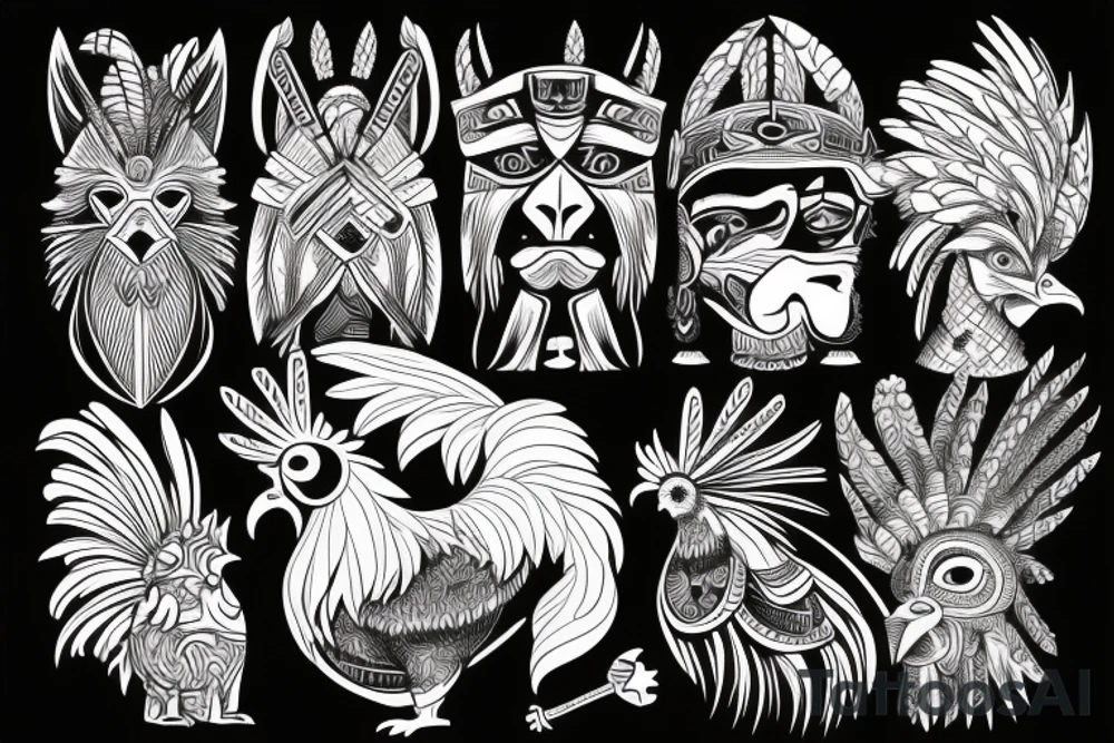 A tribal warrior with a fierce dog and a rooster. tattoo idea
