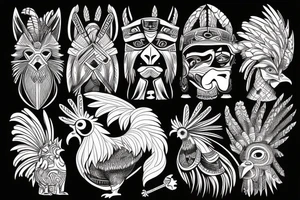 A tribal warrior with a fierce dog and a rooster. tattoo idea