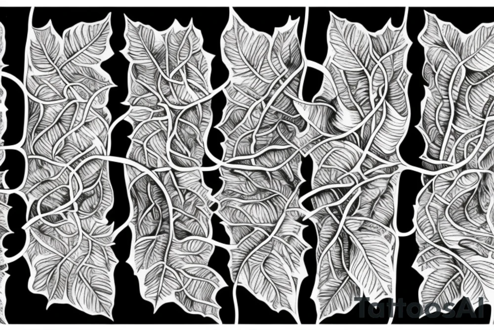 curly and naturally free flowing network of vines and leaves that stretches out in many directions from a central area tattoo idea