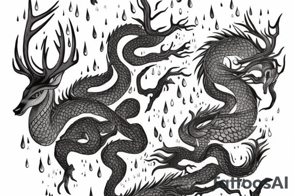 a rainy forest with several deer drinking from a flowing river, mystical chinese dragon is flying entwined on the top left corner, sun is visible through the dark clouds with only a few sunrays shining through tattoo idea