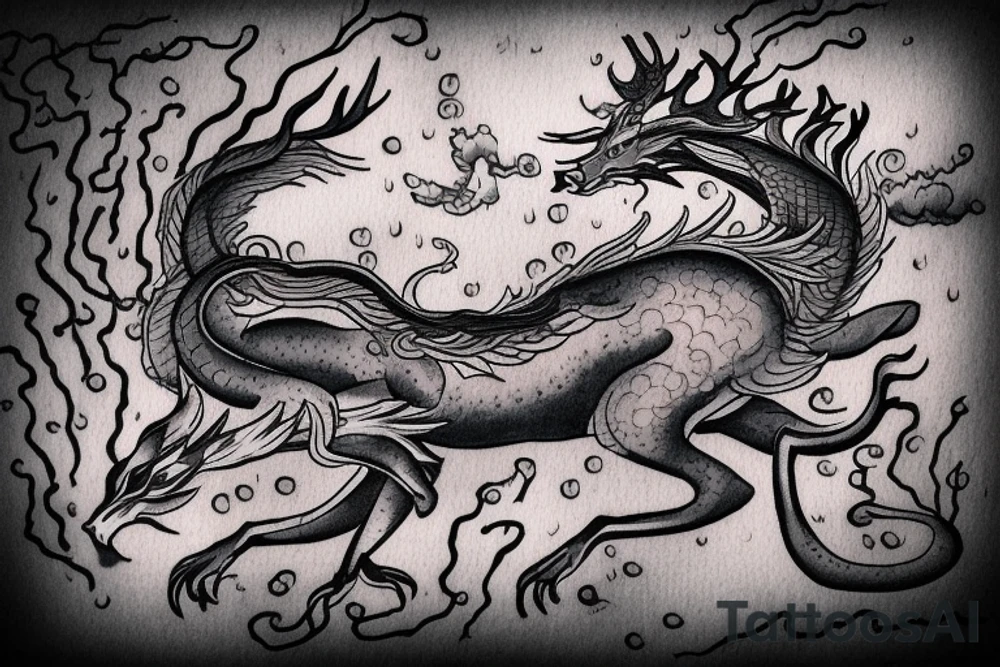 a rainy forest with several deer drinking from a flowing river, mystical chinese dragon is flying entwined on the top left corner, sun is visible through the dark clouds with only a few sunrays shining through tattoo idea
