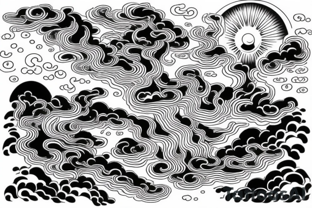 a rainy forest with several deer drinking from a flowing river, mystical chinese dragon is flying entwined on the top left corner, sun is visible through the dark clouds with only a few sunrays shining through tattoo idea