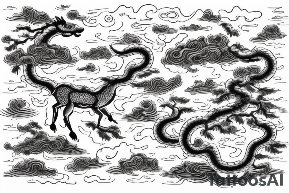 a rainy forest with several deer drinking from a flowing river, mystical chinese dragon is flying entwined on the top left corner, sun is visible through the dark clouds with only a few sunrays shining through tattoo idea