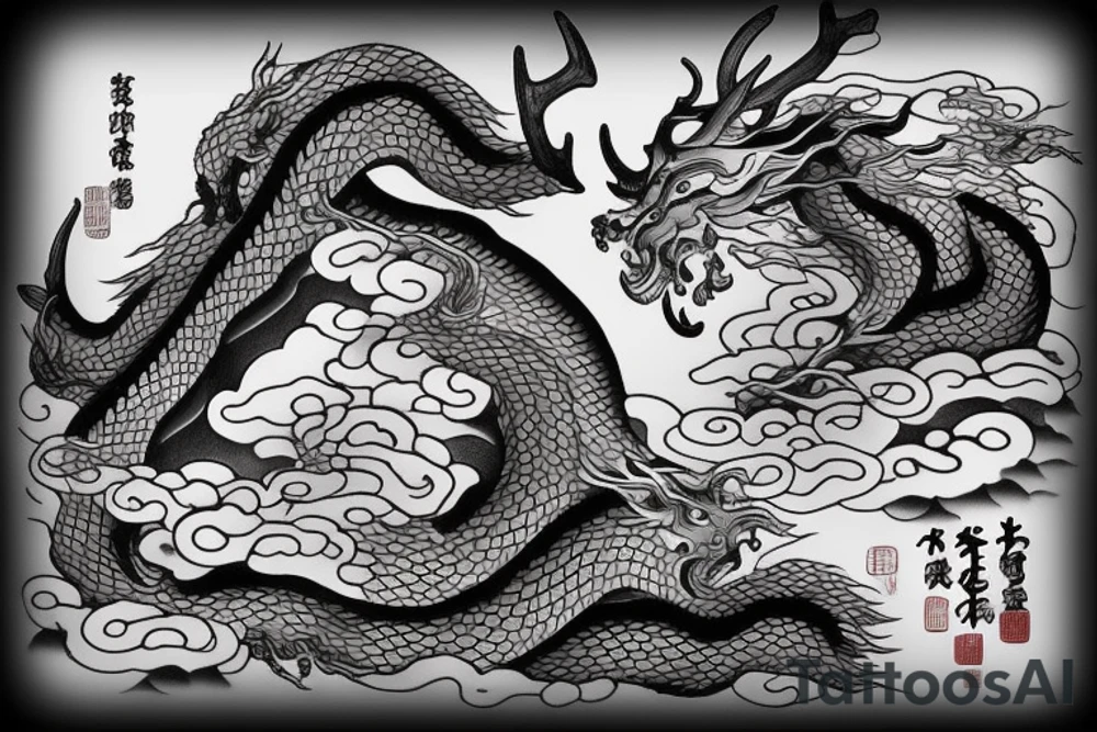 a rainy forest with several deer drinking from a flowing river, mystical chinese dragon is flying entwined on the top left corner, sun is visible through the dark clouds with only a few sunrays shining through tattoo idea