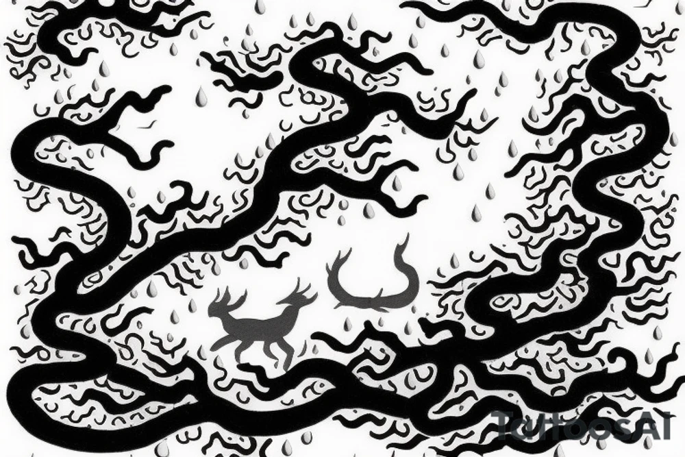 a rainy forest with several deer drinking from a flowing river, mystical chinese dragon is flying entwined on the top left corner, sun is visible through the dark clouds with only a few sunrays shining through tattoo idea