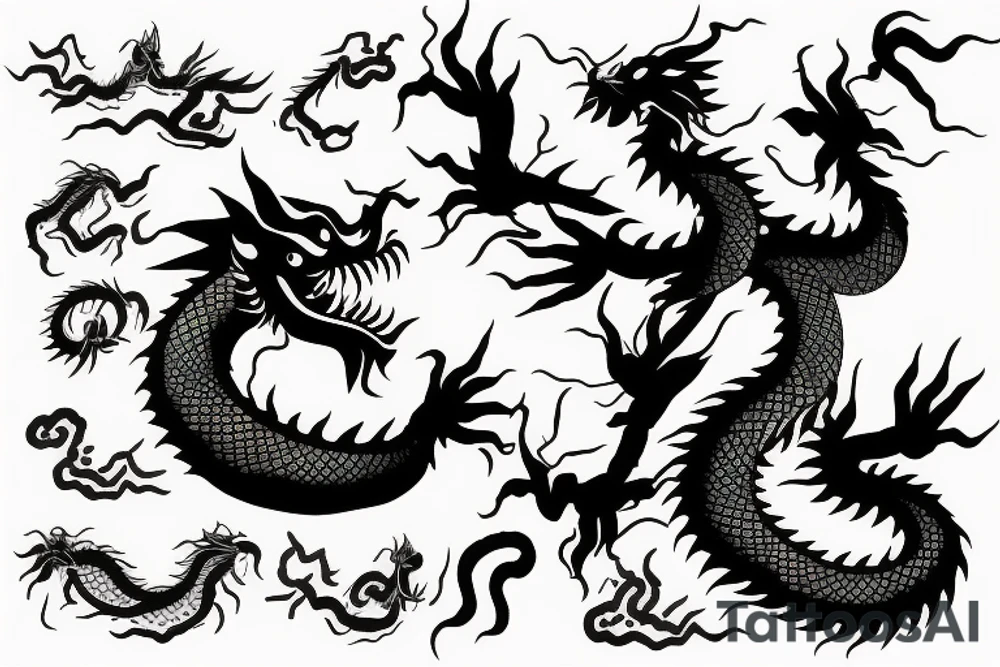 chinese dragon flying atop a forest, sunrays shining into the forest tattoo idea
