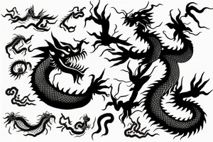 chinese dragon flying atop a forest, sunrays shining into the forest tattoo idea